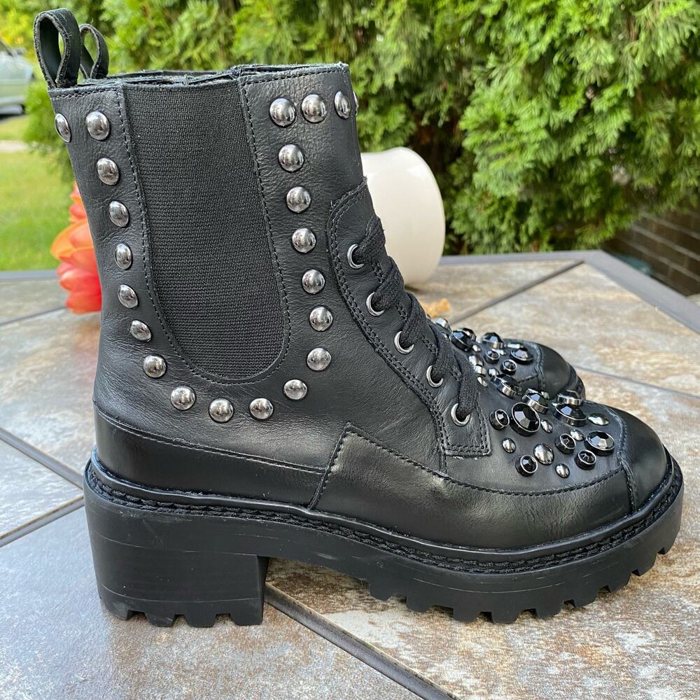 New KARL LAGERFELD PARIS Black Breck Studded Leather Moto Combat Boot Size 6 - Picture 6 of 12